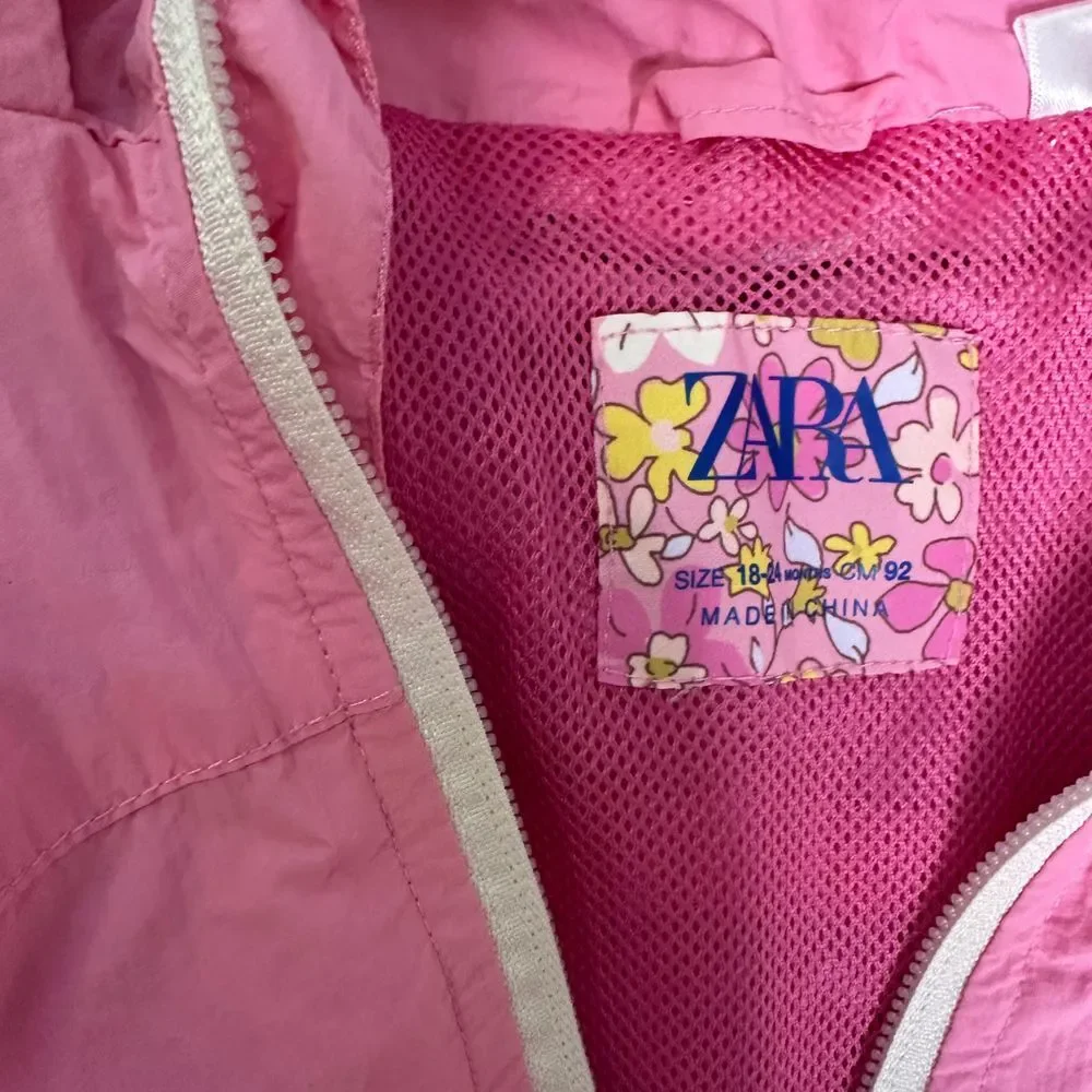 Zara toddler girl pink windbreaker hooded rain jacket zipper up size 18-24 month